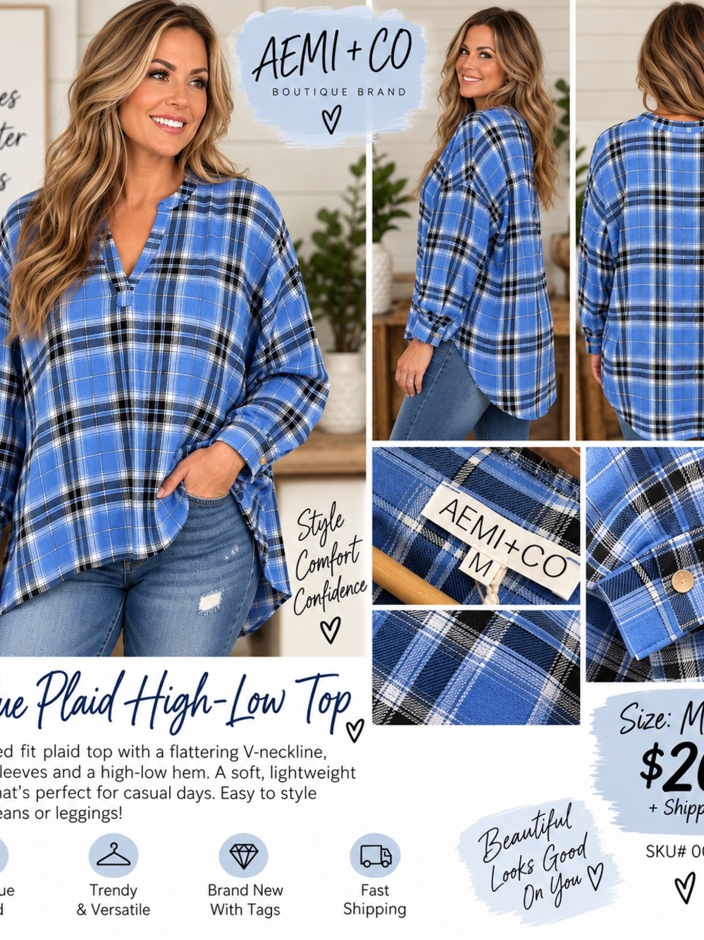 AEMI+CO Blue Plaid High-Low V-Neck Tunic